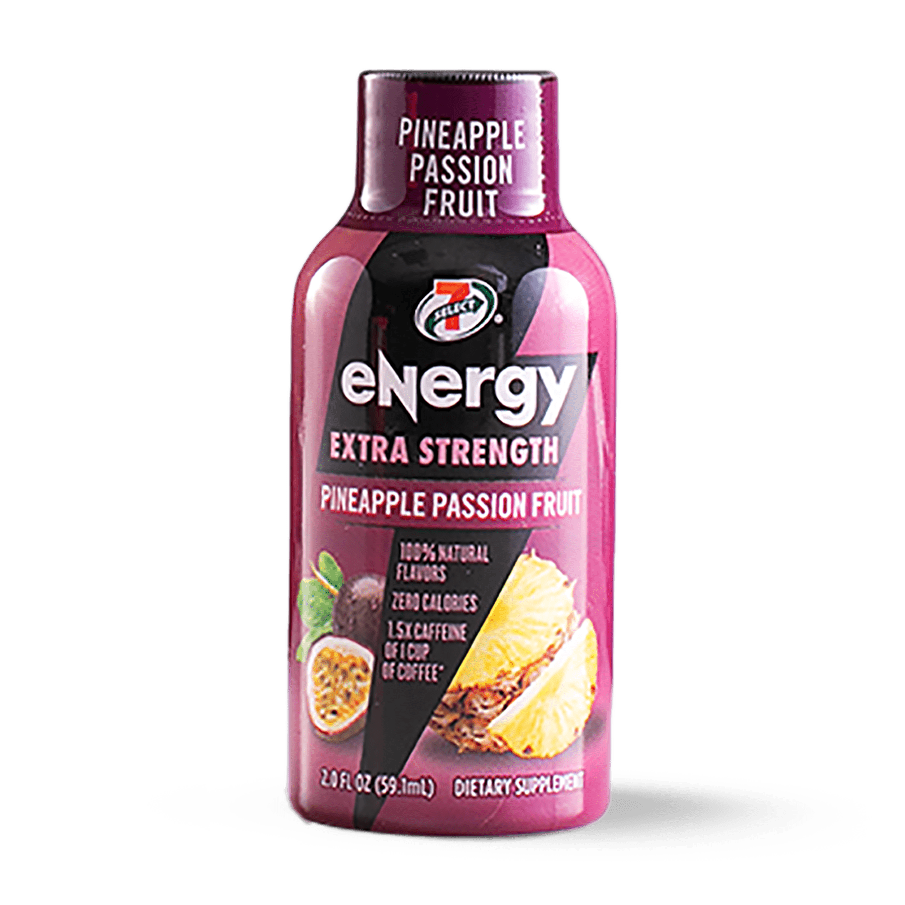 A single bottle of 7-Select extra strength energy shot in pineapple passionfruit flavor