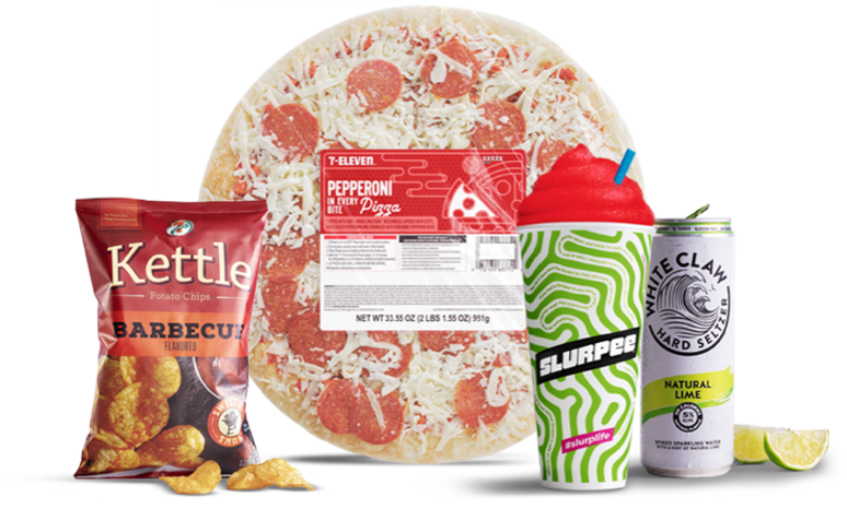 A selection of 7-Eleven snack favories including a take home and bake pepperoni pizza, a cherry Slurpee drink, a White Claw hard seltzer and a packet of 7-Select BBQ kettle chips.