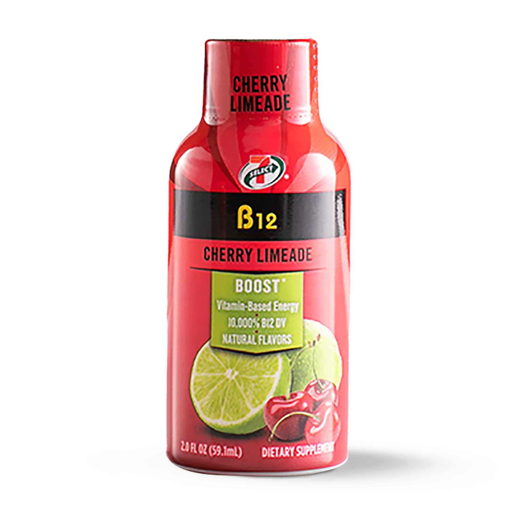A single 7-Select B12 energy shot in cherry limeade flavor.