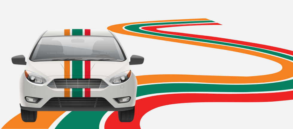 A front view of a white sedan car with stripes in the 7-Eleven colors - orange, green and red.