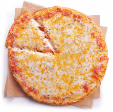 A top down view of a freshly baked 7-Eleven Triple Cheese Pizza