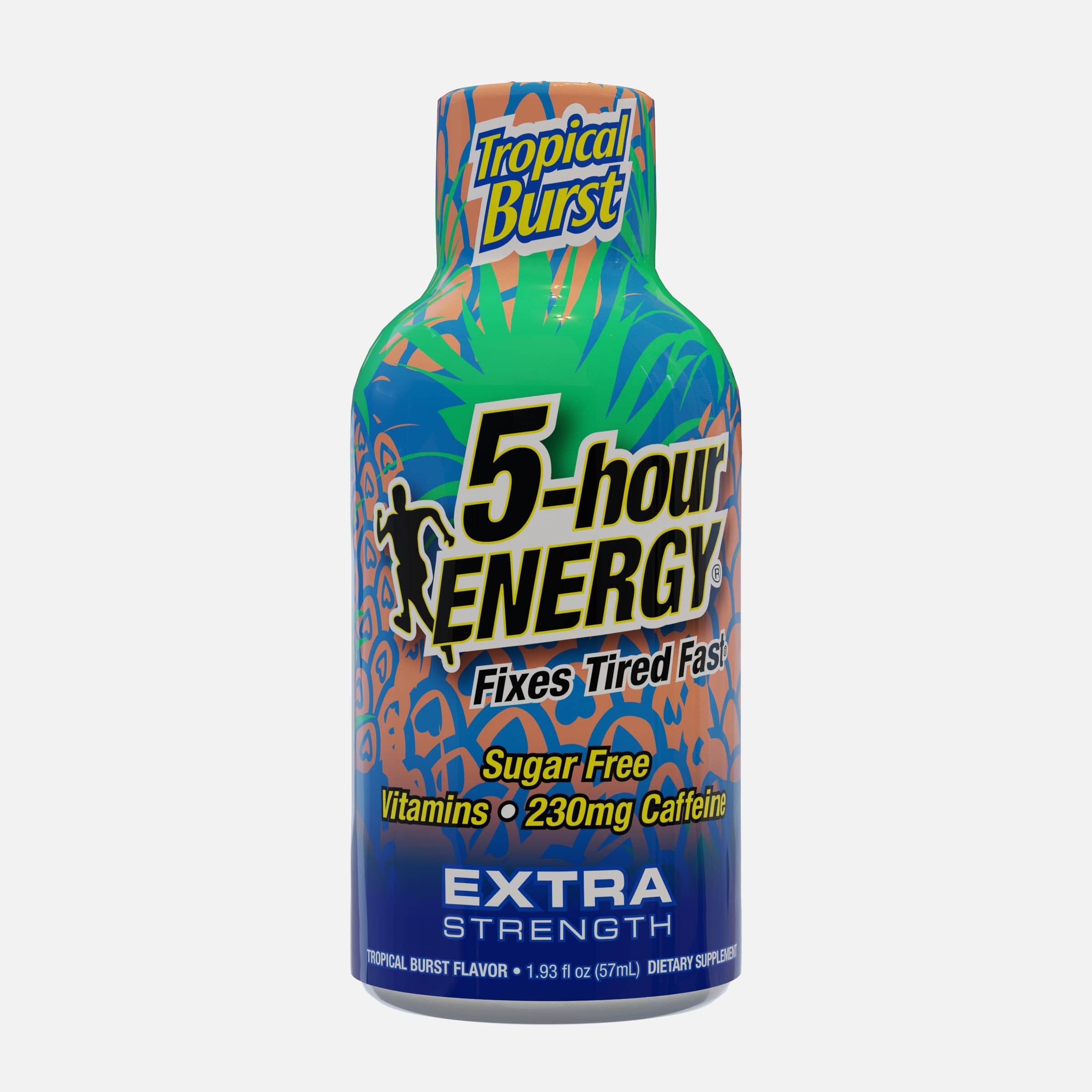 A single 5-hour energy extra strength shot in tropical burst flavor